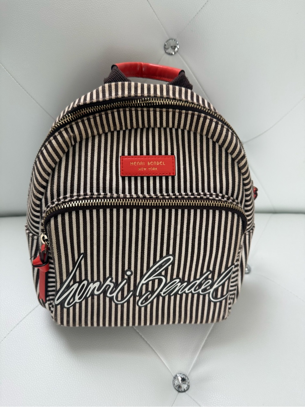 henri bendel Striped Mini Backpack in Black, Cream & Red Trim